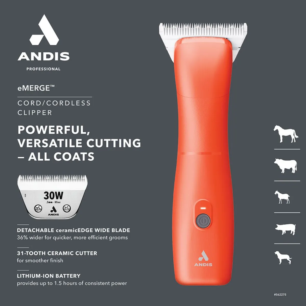 Ryan's Pet Supplies Andis eMerge Clipper – Orange with #30 Wide Blade