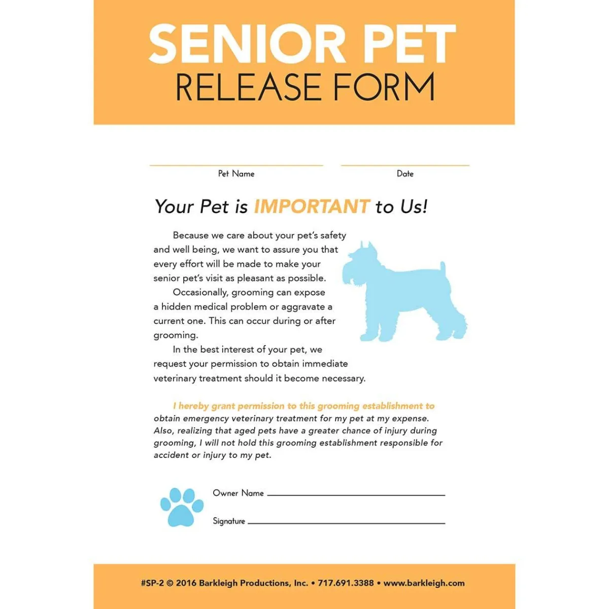 Ryan's Pet Supplies Modern Senior Pet Release Form For Groomers - Pad Of 50